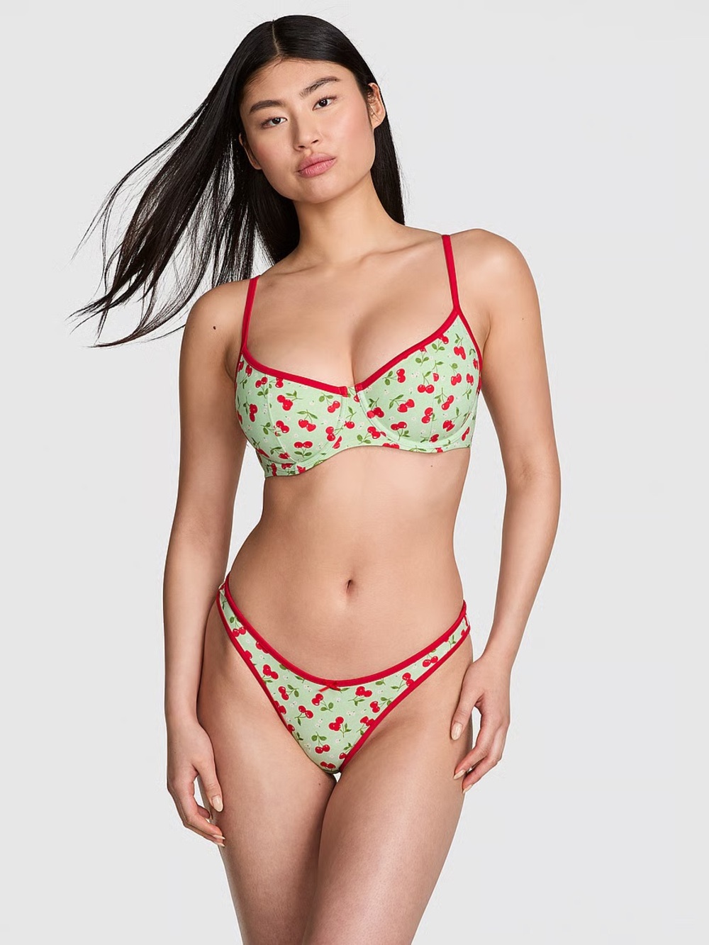 PINK Victoria's Secret Cherry-Print Underwire Bra & Bikini — Light Green & Red